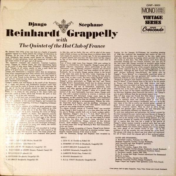 Django Reinhardt & Stephane Grappelly* With The Quintet Of The Hot Club Of France* : The Quintet Of The Hot Club Of France (LP, Mono)
