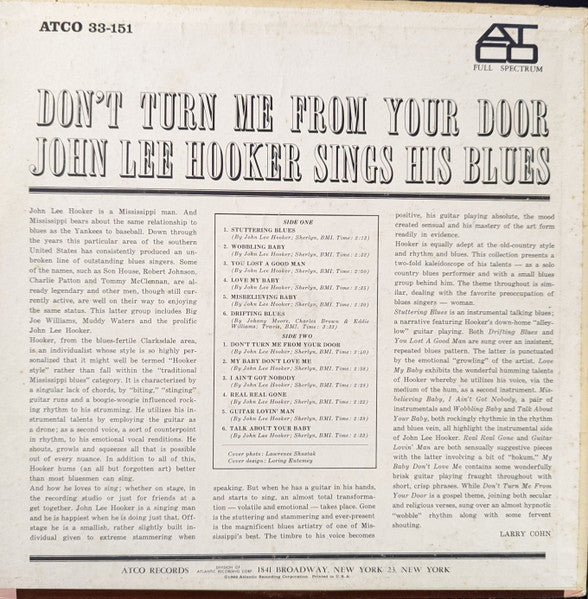 John Lee Hooker : Don't Turn Me From Your Door - John Lee Hooker Sings His Blues (LP, Album)