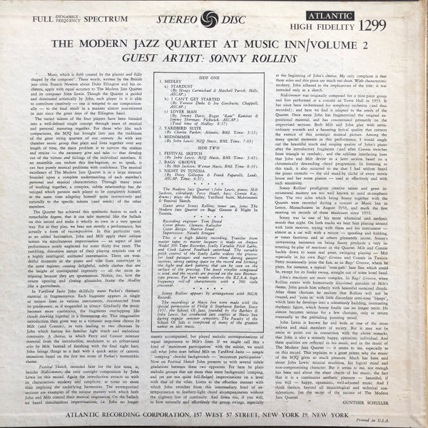 The Modern Jazz Quartet Guest Artist: Sonny Rollins : The Modern Jazz Quartet At Music Inn —  Volume 2 (LP, Album, RE)