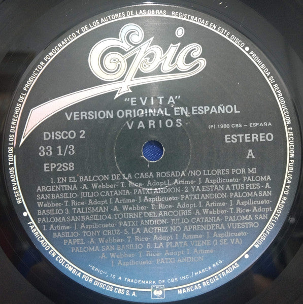 Paloma San Basilio, Patxi Andión, Julio Catania, Tony Landa : Evita  (2xLP)