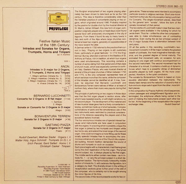Rudolf Ewerhart, Mathias Siedel, Walter Holy, Ingus Schmidt, Erich Penzel, Gerd Seifert, Christoph Caskel : Festive Italian Music Of The 18th Century: Intradas And Sonatas For Organs, Trumpets, Horns and Timpani (LP, RE)