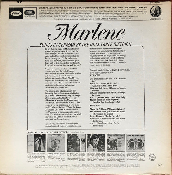 Marlene Dietrich : Songs In German By The Inimitable Dietrich (LP, RE)
