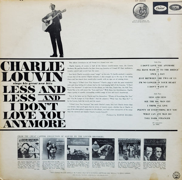 Charlie Louvin : Less And Less And I Don't Love You Anymore (LP, Album, Scr)