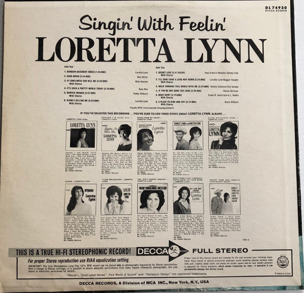 Loretta Lynn : Singin' With Feelin' (LP, Album, Pin)