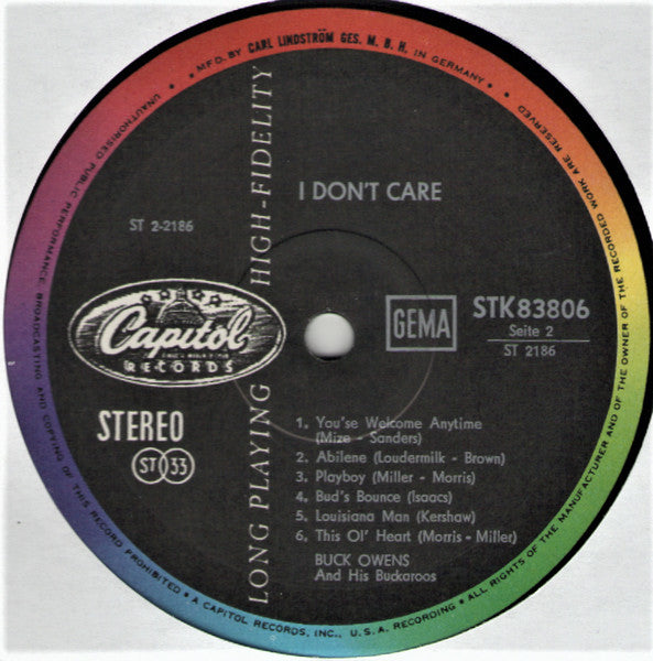 Buck Owens And His Buckaroos : I Don't Care (LP, Album)