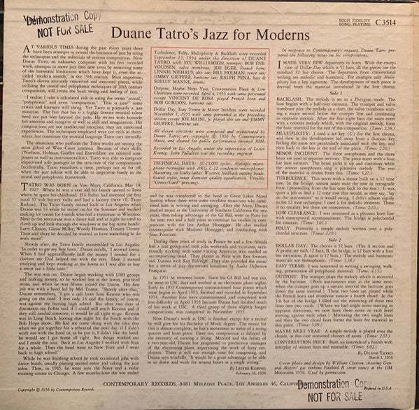 Duane Tatro : Duane Tatro's Jazz For Moderns (LP, Album, Mono, Hol)