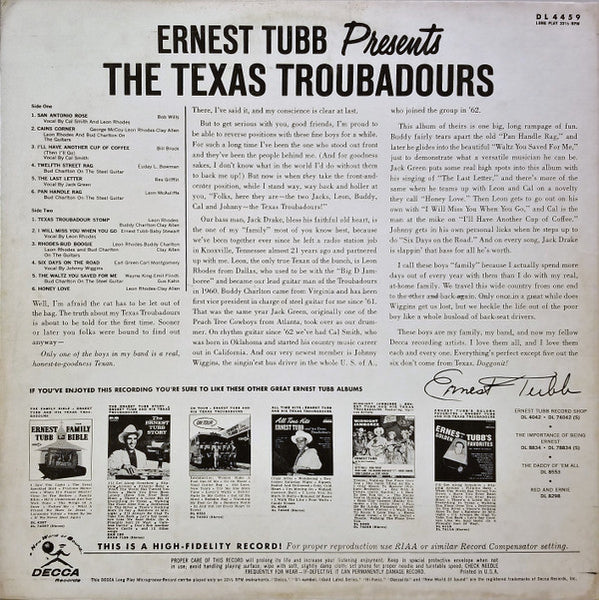 The Texas Troubadours : Ernest Tubb Presents The Texas Troubadours (LP, Album)
