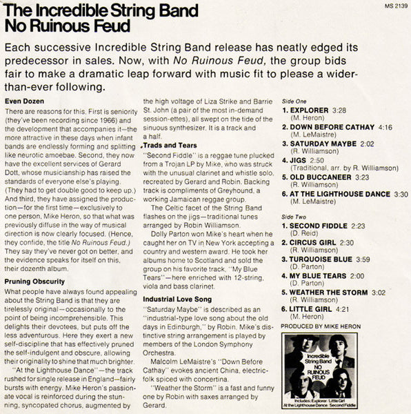 The Incredible String Band : No Ruinous Feud (LP, Album, Promo, Gat)