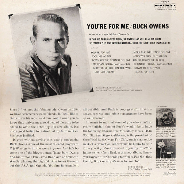 Buck Owens : You're For Me (LP, Album, Mono)