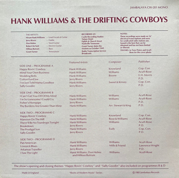 Hank Williams With His Drifting Cowboys : Rare Radio Programmes - 1949 / The Hank Williams Health & Happiness Shows (LP, Album)