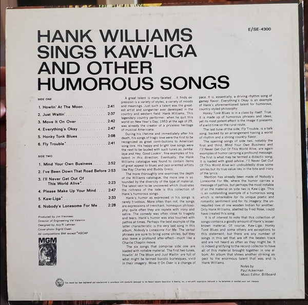 Hank Williams : Sings Kaw-Liga And Other Humorous Songs (LP, Comp, Mono)