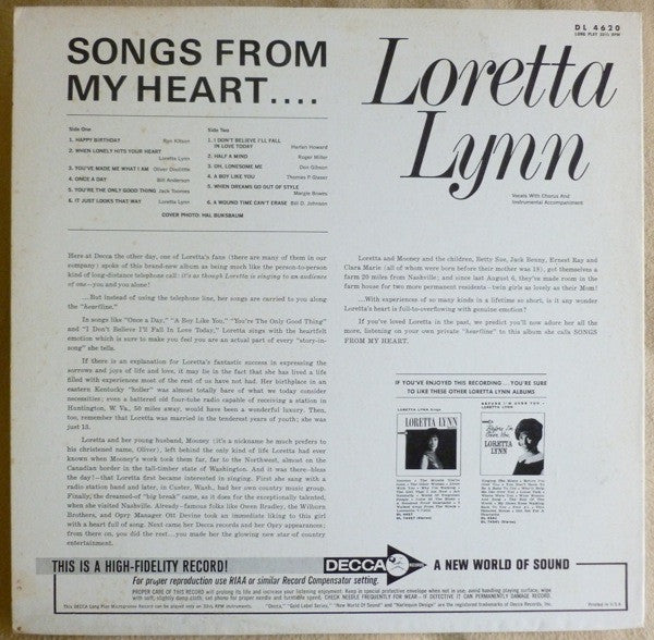 Loretta Lynn : Songs From My Heart (LP, Album, Mono)