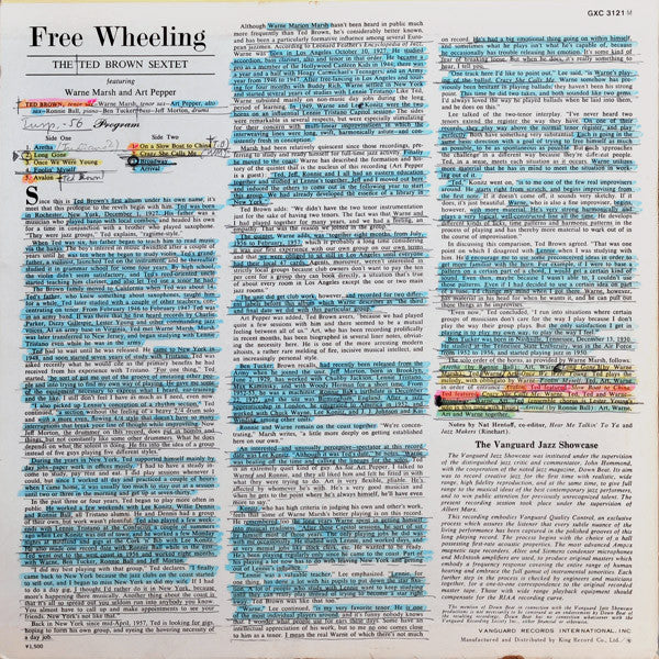 The Ted Brown Sextet Featuring Warne Marsh And Art Pepper : Free Wheeling (LP, Album, RE)