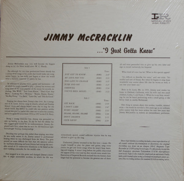 Jimmy McCracklin : I Just Gotta Know (LP, Album)