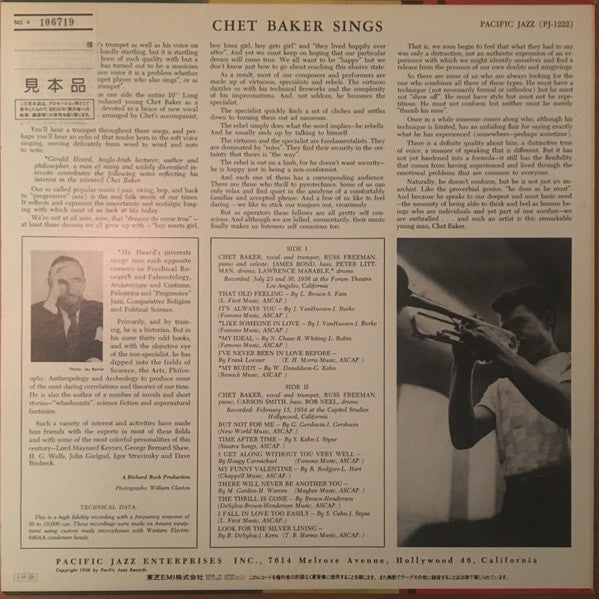 Chet Baker : Chet Baker Sings (LP, Album, Mono, Promo, RE)