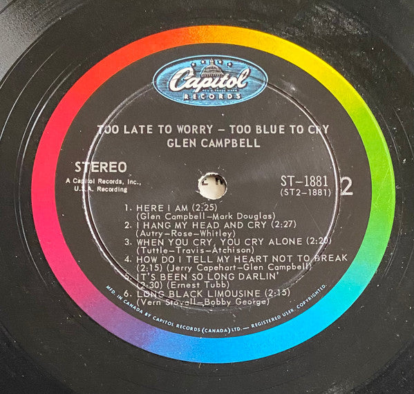 Glen Campbell : Too Late To Worry-Too Blue To Cry (LP, Album)