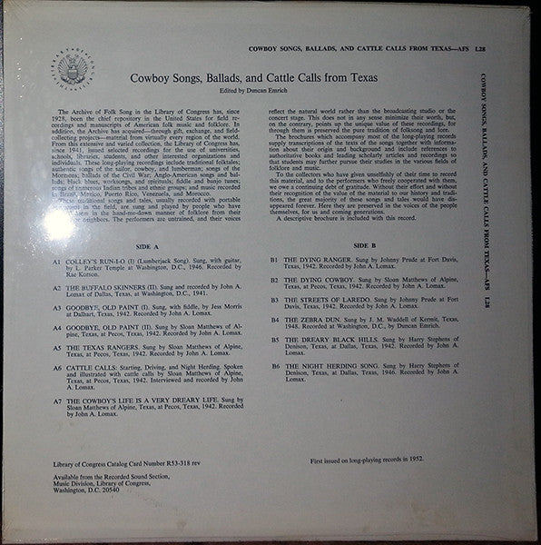 Various : Cowboy Songs, Ballads, And Cattle Calls From Texas (LP, Comp, RE)