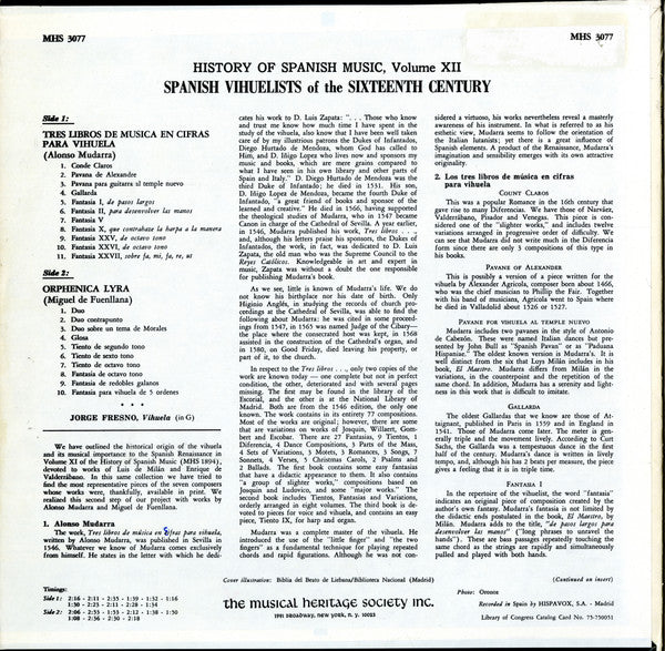 Alonso Mudarra, Miguel de Fuenllana - Jorge Fresno : History of Spanish Music, Volume XII: Spanish Vihuelists of the Sixteenth Century (LP, Album)