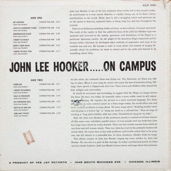 John Lee Hooker : On Campus (LP, Album, Mono)