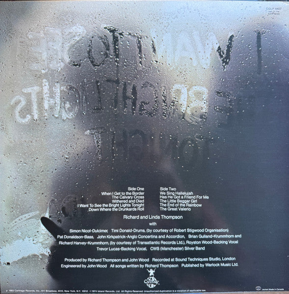 Richard & Linda Thompson : I Want To See The Bright Lights Tonight (LP, Album, RE, Tea)